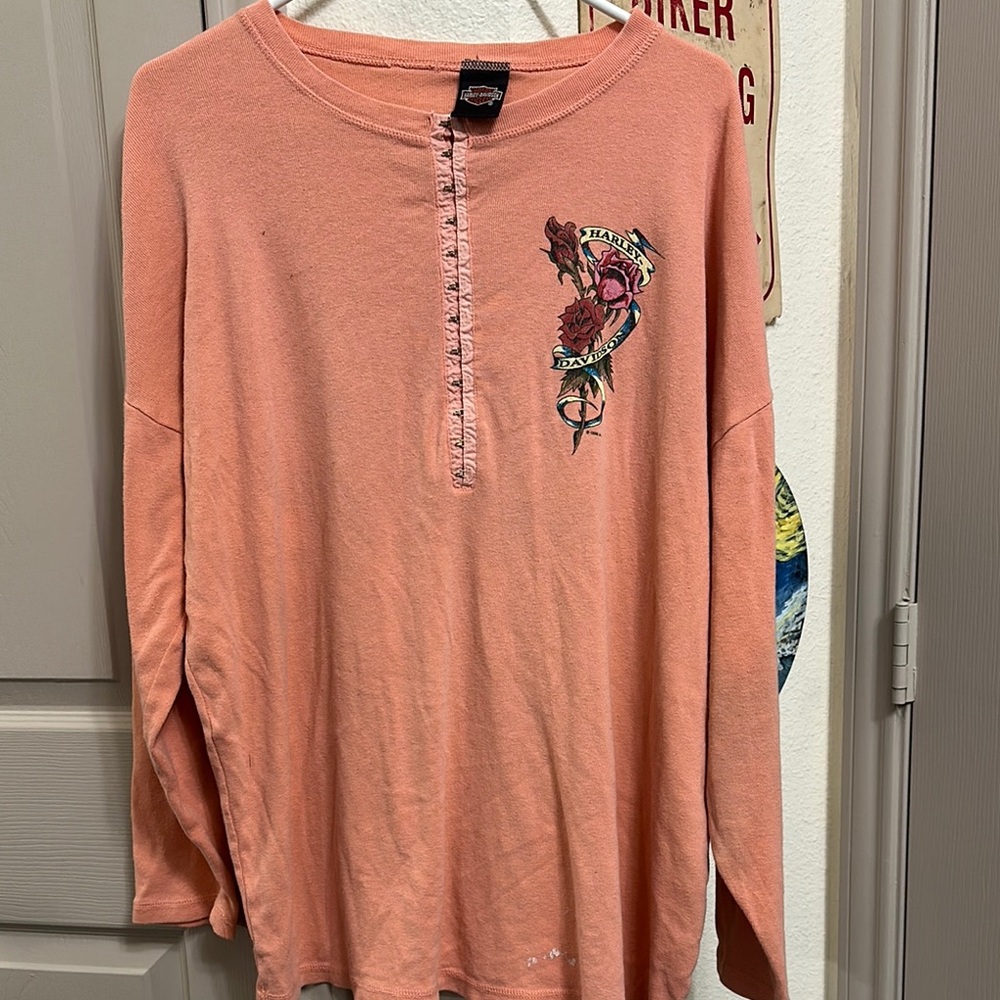 Peach Harley Davidson Roses Long Sleeve Henley